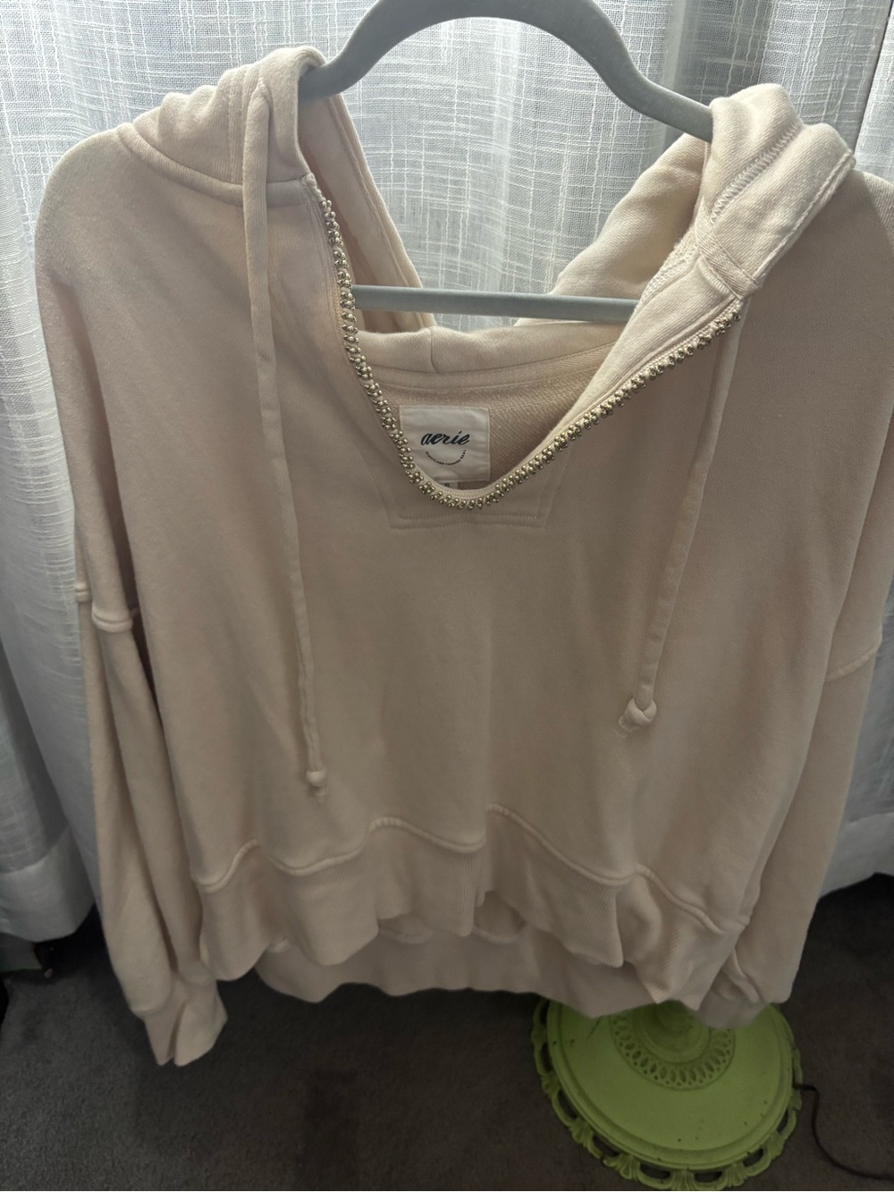 aerie Cream Rhinestone-Trim V-Neck Hoodie